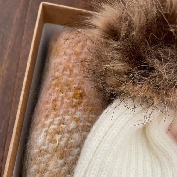 Lucky White faux fur pom winter hat & earthy red yellow tan grey gray scarf set - Picture 4 of 8